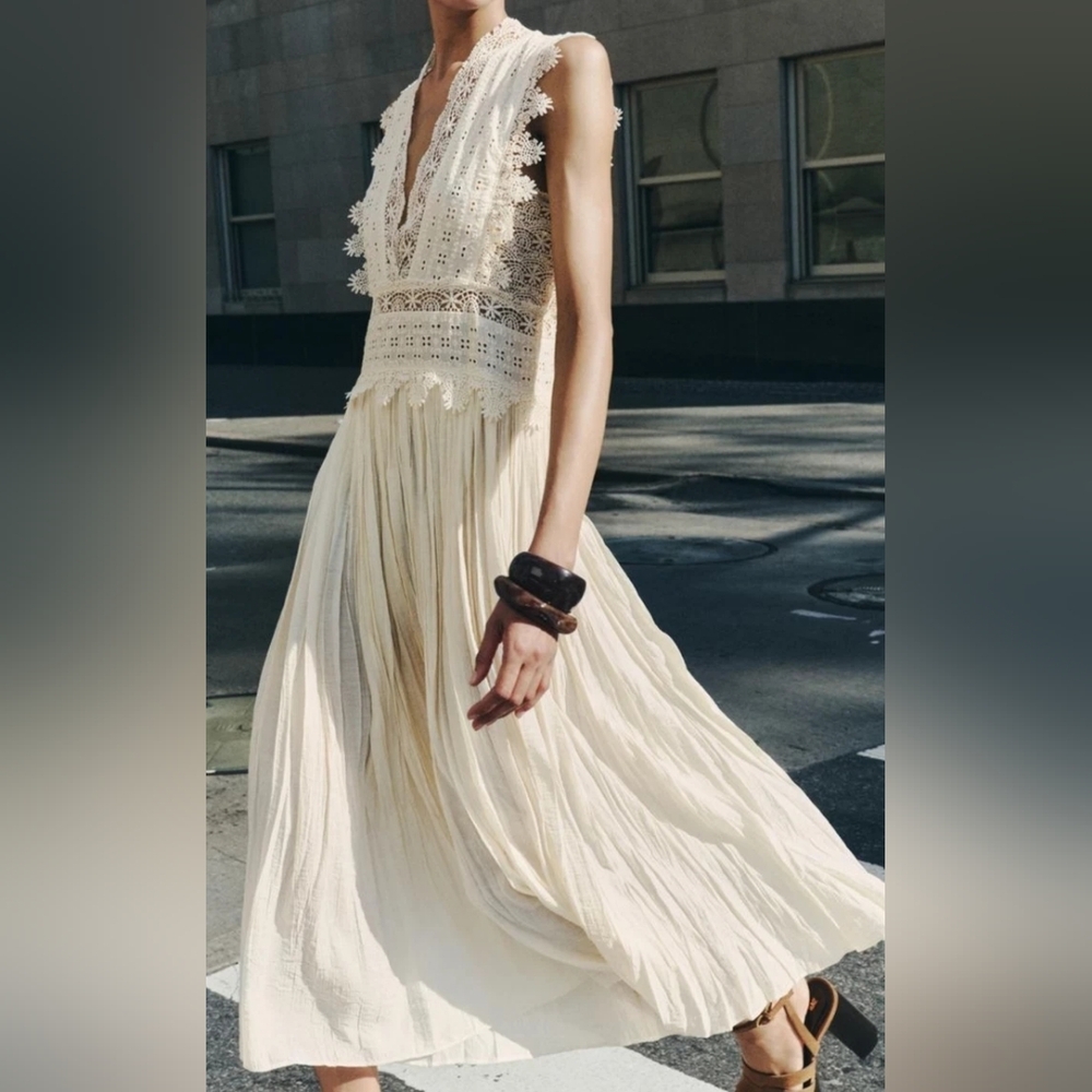 ZARA WOMAN MIDI V-NECK ZW COLLECTION STRAPPY LACE DRESS ECRU